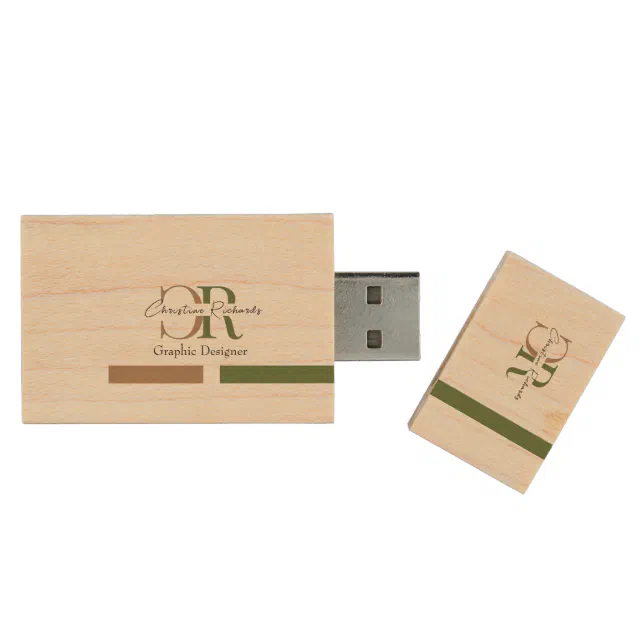 Simple Modern Olive Green Gold Monogram Wood Flash Drive