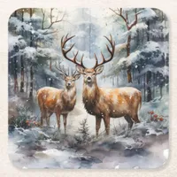 Reindeer in Winter Wonderland Square Paper Coaster