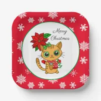 Merry Christmas | Orange Cat with Poinsettia   Paper Plates