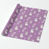 Cute Llama, Kitten and Mouse Cupcake Purple Girl's Wrapping Paper