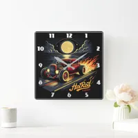 A classic hot rod races under a glowing full moon square wall clock