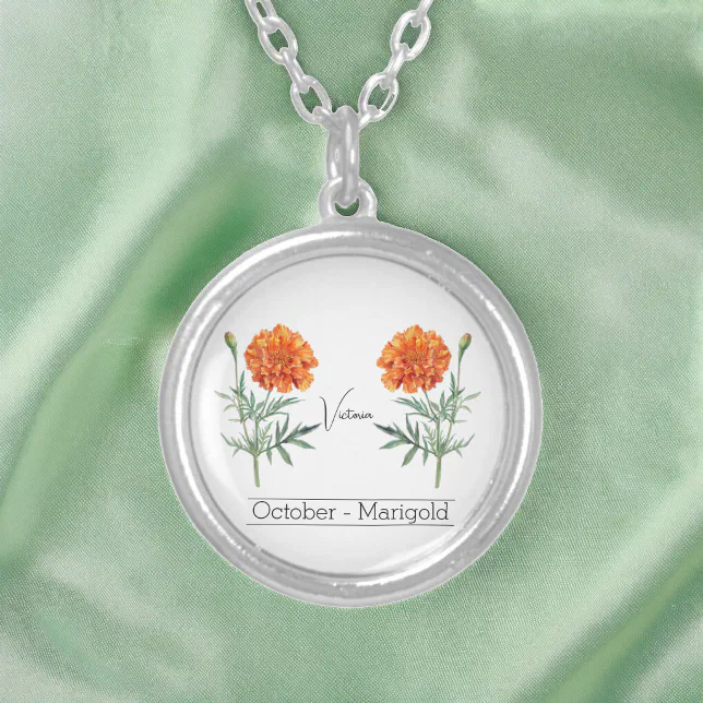 Birth Month Flower October Marigold Silver Plated Necklace