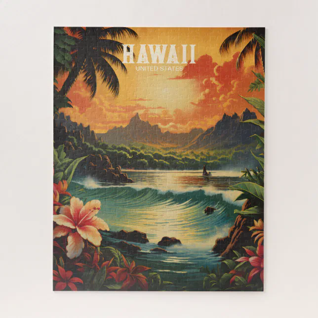 Vintage Hawaii Tropical Beach Travel Illustration Jigsaw Puzzle