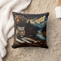 Bengal Tigers Resting Near Serene Mountain River Throw Pillow