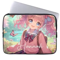 Pretty Anime Girl in Pink Pigtails Laptop Sleeve