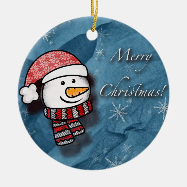 Merry Christmas, snowman with knitted clothes Ceramic Ornament