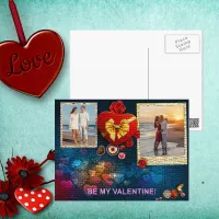 Custom Photos & Name Heart Be My Valentine Mosaic Holiday Postcard