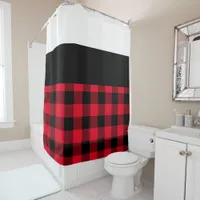 White Black and Red Buffalo Plaid Color Block Shower Curtain