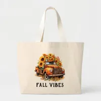 Sunflower Truck and Basket Fall Vibes Personalized Large Tote Bag