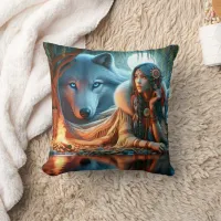 Native American Woman With Wolf By The Water Throw Pillow