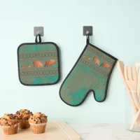 Southwest Fun Javelina Family Copper Teal Oven Mitt & Pot Holder Set