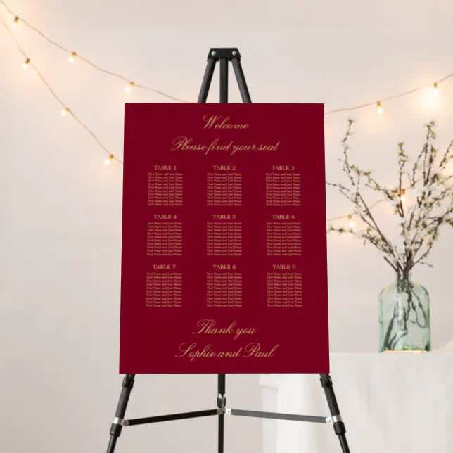 Burgundy Gold 9 Table Seating Chart Foam Board