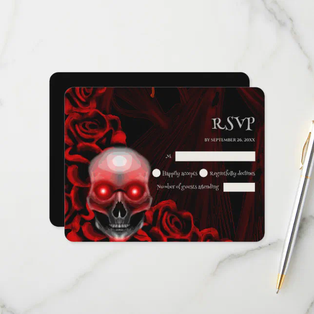 Scary red floral dark moody gothic skull halloween RSVP card