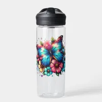 Blue Butterfly and Pink Flowers Personalized Water Bottle