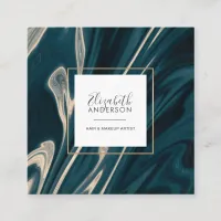 Modern Marble Aqua Gold Stylish Makeup Artist Square Business Card