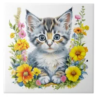 Watercolor Kitten in Yellow and Pink Flowers  Ceramic Tile