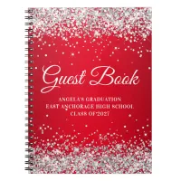 Silver Glitter Red Glam Gradient Graduation Guest Notebook