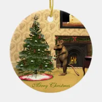 Cute Mouse Decorating a Christmas Tree Ceramic Ornament