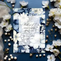 Navy Blue, Cream and Silver Floral Wedding Invitation