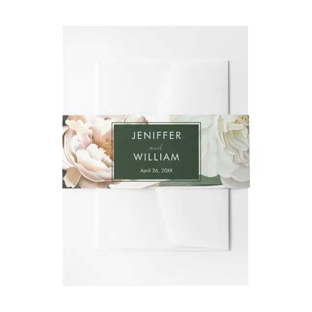 Peach White Peonies & Green Leaves Floral Wedding Invitation Belly Band