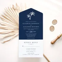 Navy Blue Palm Tree Tropical Beach Wedding All In One Invitation