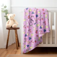 Purple Monogram Hand Drawn Fun Fruit Pattern Girl  Sherpa Blanket