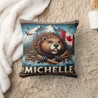 Canadian Beaver With Blue Ocean Scene Throw Pillow