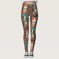 Whimsical Cats and Dog with Folk Art Flowers Leggings