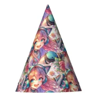 Pink and Blue Roller skating Anime Girl Birthday Party Hat