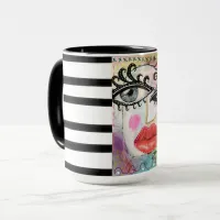 Black White Stripe Collage Art Big Eyes Red Lips Mug