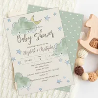 Clouds Stars Moon Neutral Couples Baby Shower Boy Invitation