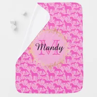 Girly Pink Horses Pattern Gold Monogram Circle Baby Blanket