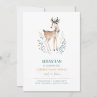 Watercolor Baby Deer Bembi Cartoon 1st Birthday Invitation