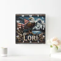 Eagle With American Flag Background Square Wall Clock