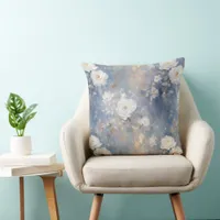 White Roses on Blue Background Oil Paint Style Throw Pillow