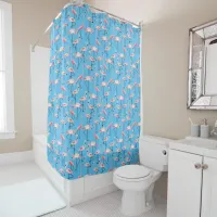 Pink Flamingo Pattern on Blue Shower Curtain