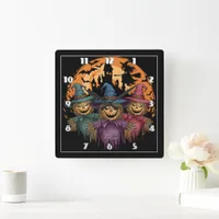 Halloween scarecrow trio under a spooky moonlight square wall clock