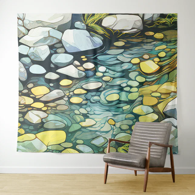 River rocks abstract watercolor painting tapestry