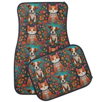 Whimsical Cats and Dog with Folk Art Flowers Car Floor Mat