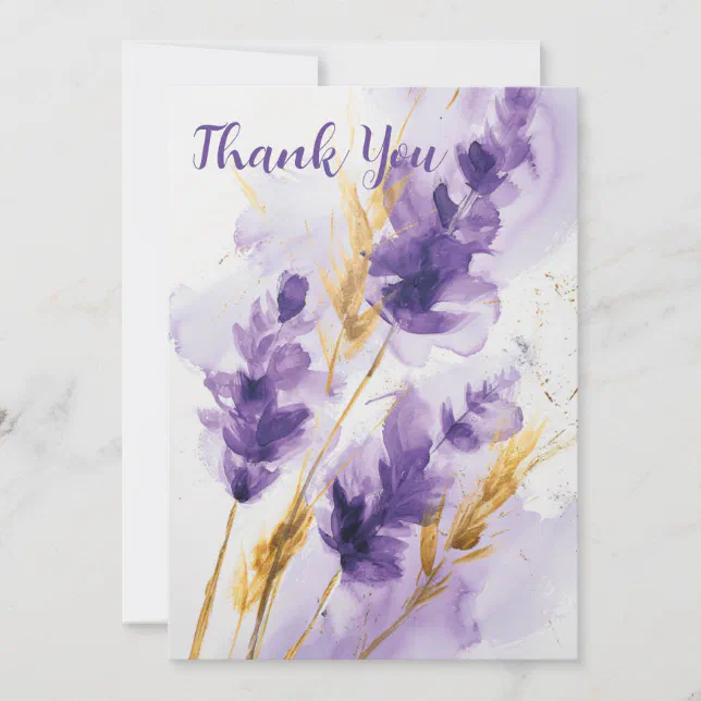 Lavender Golden Watercolor Floral Thank You Card