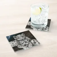 Mother Snow Leopard and Cub in the Mountains Glass Coaster