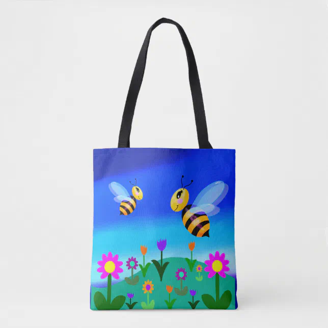 Happy bees in a flower field tote bag