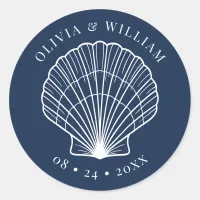 Navy Blue Seashell Beach Coastal Wedding  Classic Round Sticker