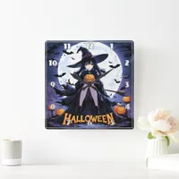 A witch with a pumpkin under a full moon square wall clock