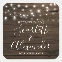 Rustic String Lights Wood Wedding Date Square Sticker