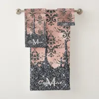 Monogram Metallic Rose Gold & Black Glitter Damask Bath Towel Set