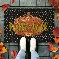 Hello Fall Glitter Pumpkin + Metallic Gold & Black Doormat