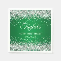 Silver Glitter Green Ombre 40th Birthday Napkins