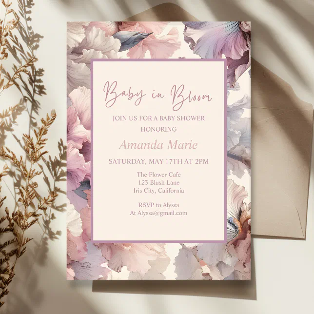 Baby in Bloom! Elegant Chic Blush Pink Floral Baby Invitation