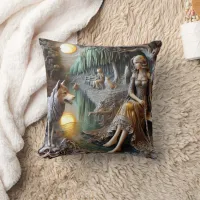 Native American Woman With Wolf by the River Throw Pillow